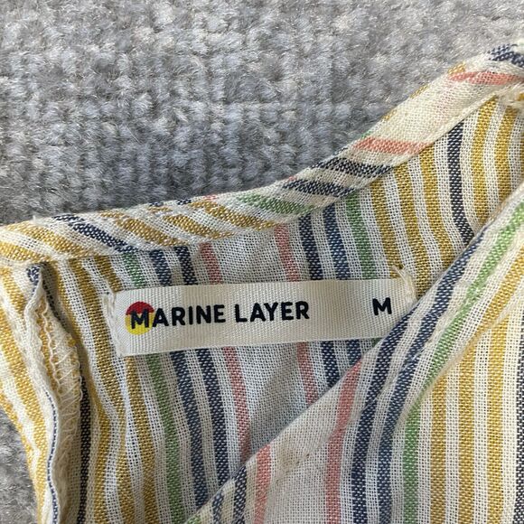 Marine Layer Dress Womens Medium Cream Pastel Stripes Tiered Ruffle Linen Belted - Picture 3 of 8